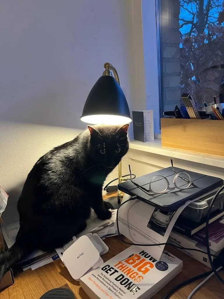 Lukas sidder under skrivebordslampe omgivet af bøger og kontorartikler