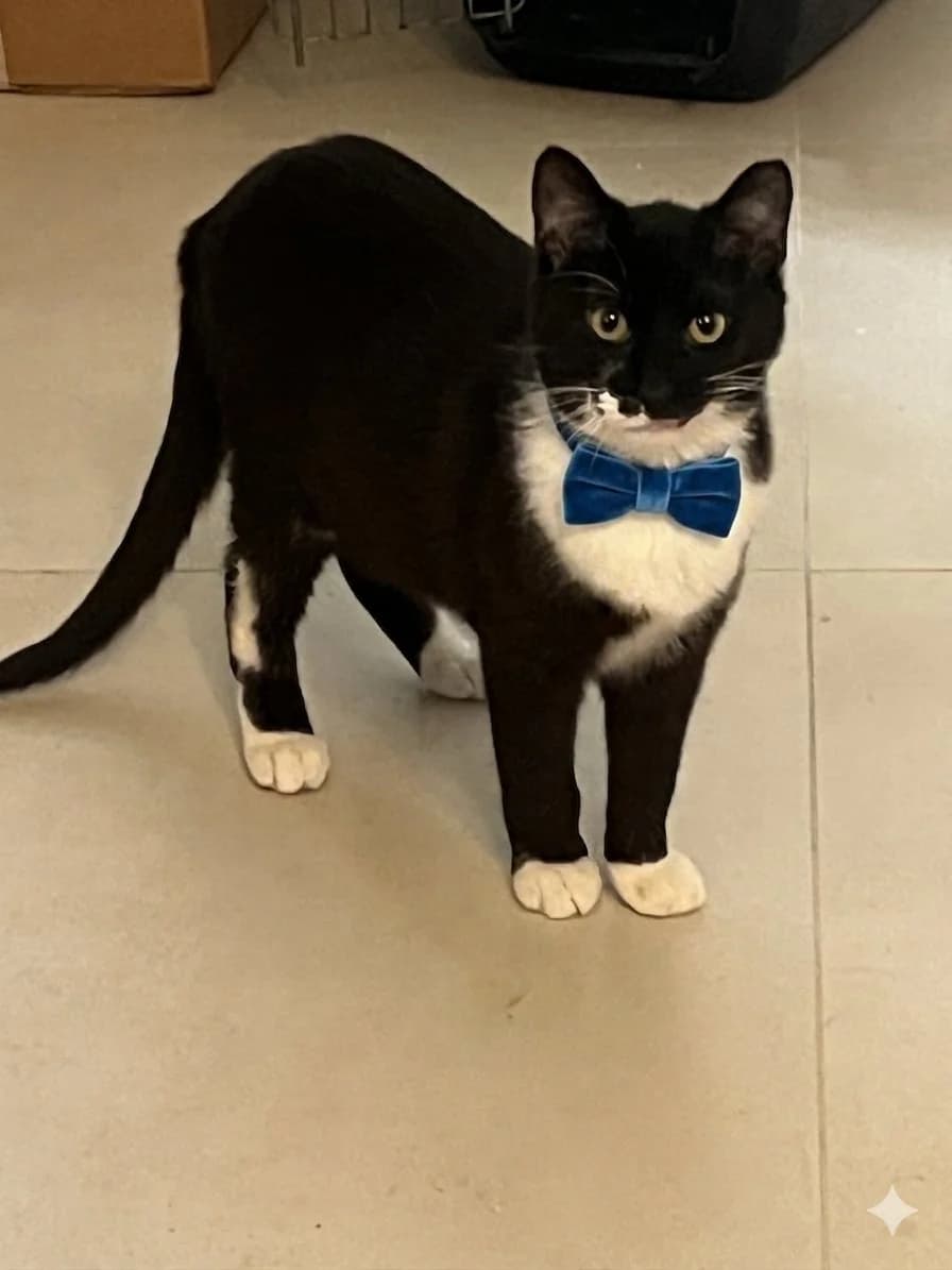 Sakis, en sort-hvid kat med en blå velour-butterfly om halsen, står på et flisegulv og kigger direkte ind i kameraet